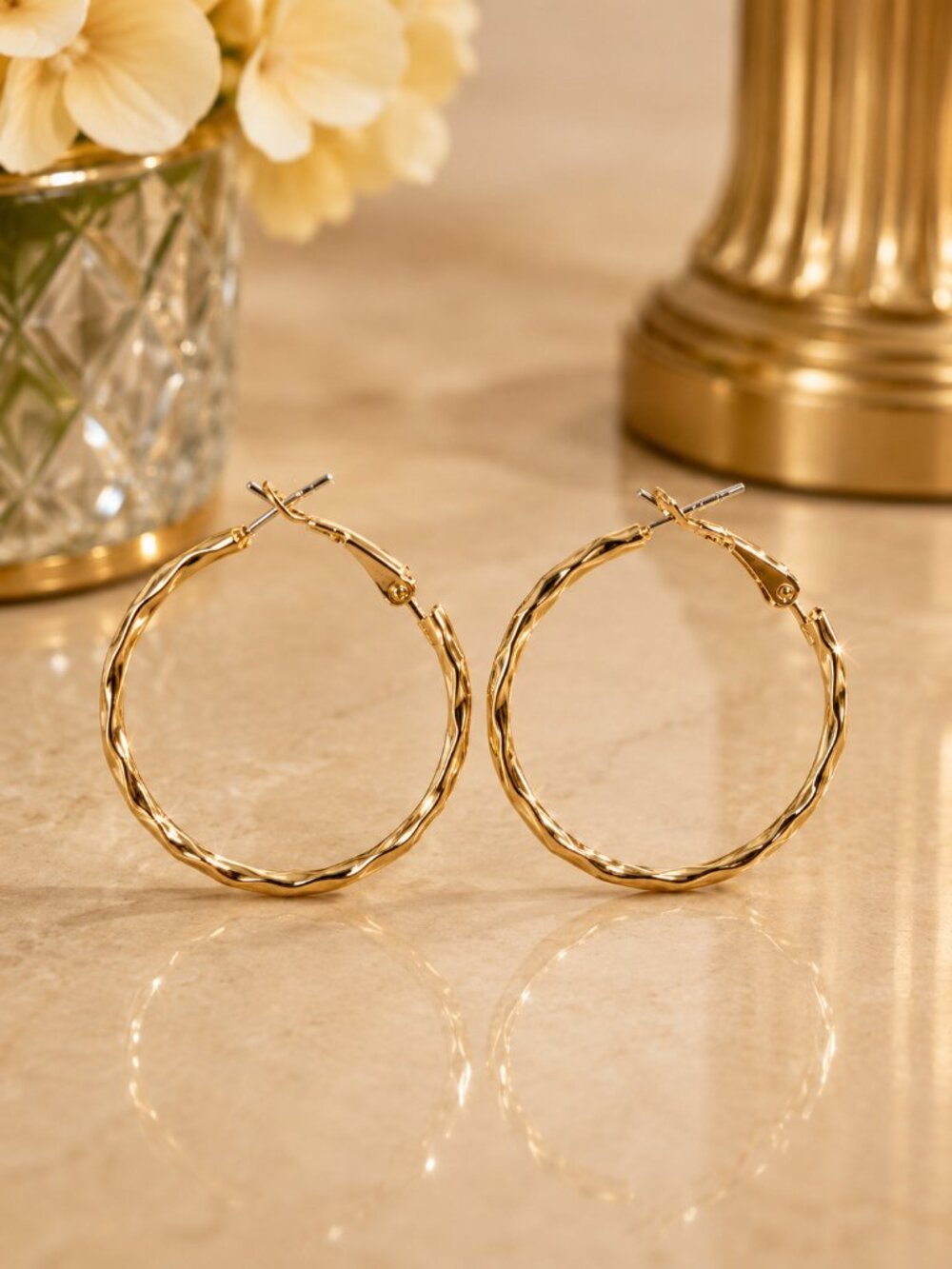 Gold Tone Textured Wavy Hoop Earrings – Large Lightweight Statement Jewelry
